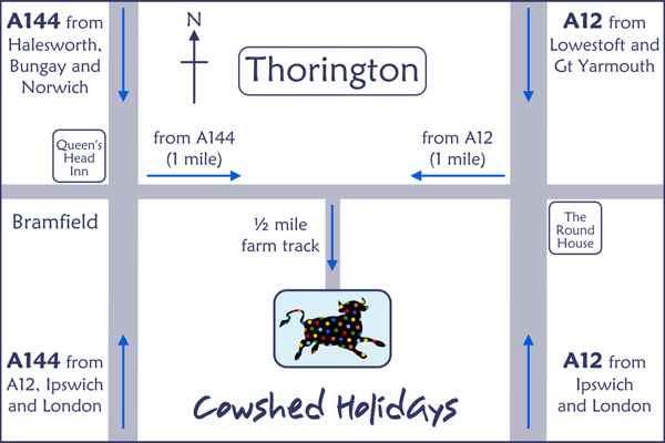 Location of Cowshed Holidays in Thorington Location of Cowshed Holidays in Thorington